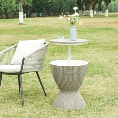 Imagen de casa.pro Mesa Nevera Jardín Cubitera de Hielo con Bandeja Elevable para Playa Terraza Capacidad 30 L Aprox. 40 Latas Imitación Ratán Polipropileno 58xØ49cm Marrón Claro