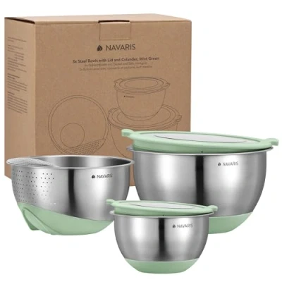 Imagen de Navaris Set 3 Bol Acero Inoxidable Juego de 2X Bowls Cocina con Tapas y 1x Colador para Ensalada Preparar Servir Comida Cuencos 2 tamaños Bowl
