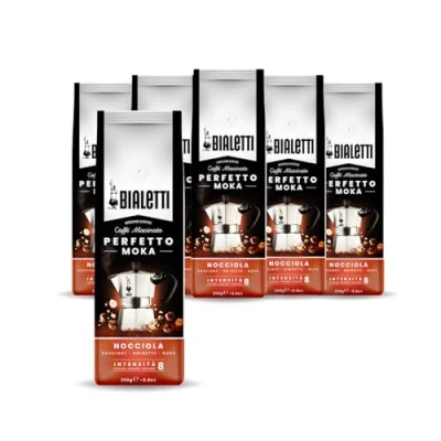 Imagen de Bialetti Perfetto Moka Nocciola: Café Molido Tueste Medio, Aroma de Avellana,250 g x 6, Paquete con Válvula Unidireccional para Preservar el Sabor