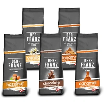 Imagen de Der Franz Café Pack, granos enteros, aromatizado, 5 x 500 g (1 Avellana, 1 Vainilla, Chocolate, Canela, Caramelo)