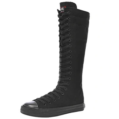 Imagen de ANUFER Niña Mujer Rodilla Alta Botas de Lona con Cordones Cremallera Plano Zapatos Deportivos F888 Puro Negro EU41