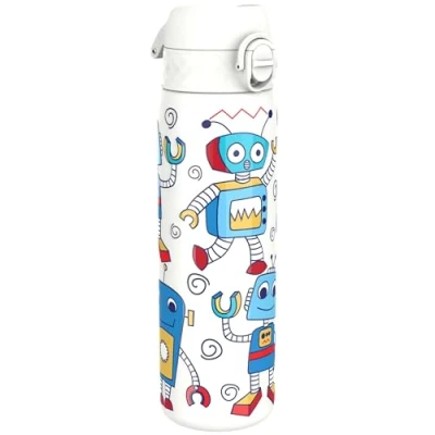 Imagen de ion8 Botella de Agua Acero Inoxidable, 600ml, a Prueba Fugas, Fácil Abrir, Aptas para Lavavajillas, Cerradura Segura, Asa Transporte, Limpiar, Diseño en Relieve, Robots