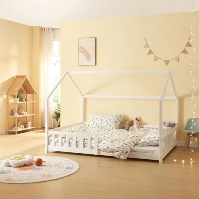 Imagen de [en.casa] Cama para Niños Hesel Decrativa Infantil con Somier y Barandilla Estructura en Forma de Casa Estilo Montessori Madera Pino 140 x 200 cm Blanco