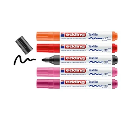 Imagen de edding 4500 marcador textil negro, rojo (2), naranja, rosa juego de 5 punta redonda 2 3 mm rotuladores textiles permanentes para dibujar sobre tejidos, resistentes a lavados hasta 60 C