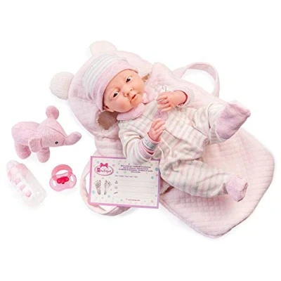 Imagen de JC TOYS Muñeca La Newborn recién Nacida de 38 cm, Cuerpo Blando, Incluye Pelele, Saco y 5 Accesorios, Rosa, diseñada en España por Berenguer, +2 años