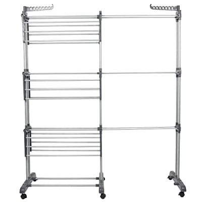 Imagen de Tendedero de Ropa Plegable Vertical,Tendedero Tipo Torre Tres Estante con Cuatro Ruedas, Espacio Secado, Capacidad para 15 KG (75 142,5*64*170cm (Gris))
