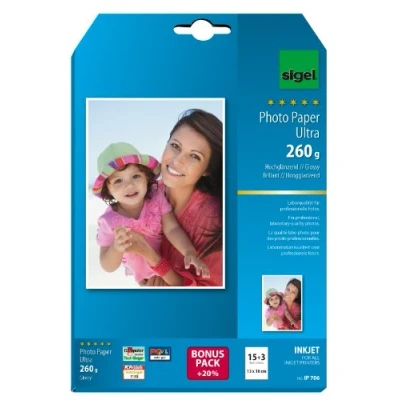 Imagen de SIGEL IP706 Papel fotográfico profesional para impresoras InkJet, tamaño 13 x 18 cm, alto brillo, 260 g, 15 hojas + 3 gratuitas