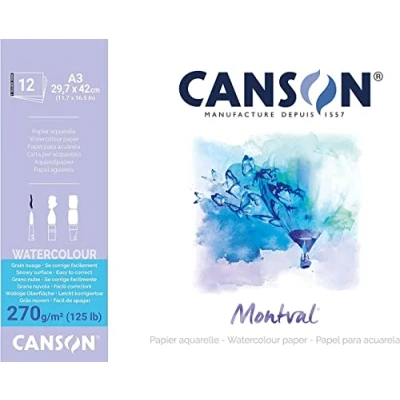 Imagen de Bloc Encolado, A3, 12 Hojas, Canson Montval Torchon, Grano Efecto Nube 270g
