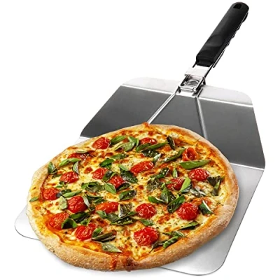 Imagen de COM FOUR® pizza peel de acero inoxidable Servidor para pizzas y pasteles con mango plegable Empujador (plata/negro angular)