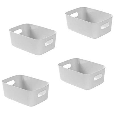 Imagen de Bgfuni Juego de 4 Cestas Almacenaje Multiuso, Cajas Organizadoras Plástico con Asas, Cesta Ordenación, Almacenaje, Almacenamiento para Cocina, Baño, 19 x 13.5 7.5 cm (Gris)