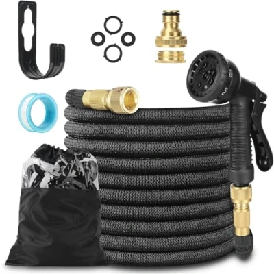 Imagen de LINGKY Manguera de Jardin Extensible 15 Metros con 8 Funciones Riego Enrollable Polyester 3750D Conectores 1/2&quot;, 3/4&quot; y Universal Para Grifo Incluido Garden Hose