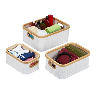 Imagen de Relaxdays Almacenamiento de Bambú, Set 3, Cestas Baño con Asas, 3 Tamaños, Organizadores, Blanco y Natural, Poliéster, 16,5 x 41 33 cm