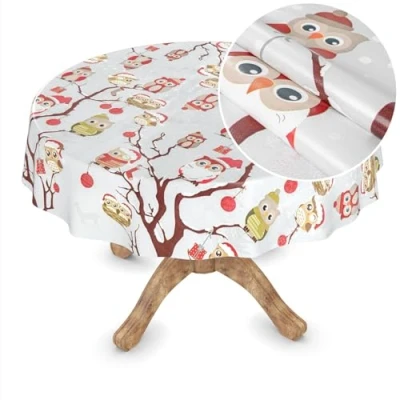 Imagen de ANRO Mantel de hule Navidad, lavable, diseño búhos, redondo, 140 cm