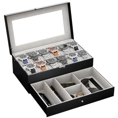 Imagen de Procase Caja de Relojes 12 Ranuras con Cajón, Funda Organizadora Reloj 2 capas Tapa Cristal, Estuche Almacenamiento para Hombres y Mujeres Negro