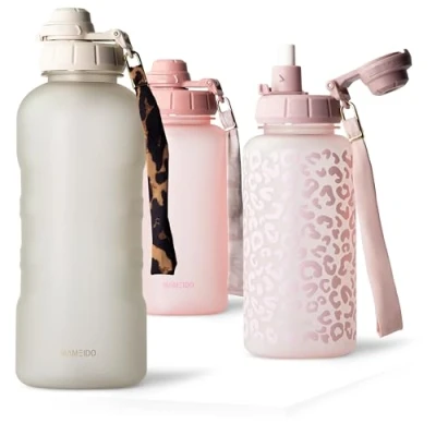 Imagen de MAMEIDO Botella 2l con pajita y marcador de tiempo, Botellas agua a prueba fugas, niños sin BPA, gimnasio fabricada en Tritan, Water Bottle (Ivory Beige, 2000ml)