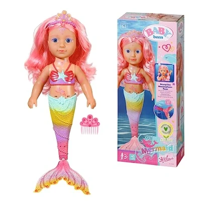 Imagen de BABY born Little Sister sirena Muñeca de 46 cm con tatuajes en el cuerpo, cola que se mueve y pelo Para peinar Incluye peine diadema niños a partir 3 años