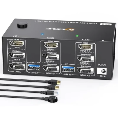 Imagen de Switch KVM 2 PC 3 Monitores 8K@60Hz 4K@144Hz,Triple Monitor HDMI+2 Displayport para Share y 4 dispositivos USB3.0,con fuente de alimentación 12V DC+control remoto con cable