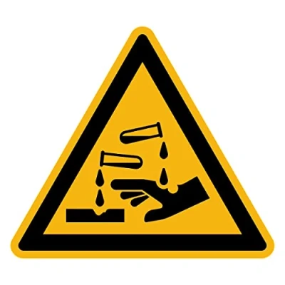 Imagen de Adhesivo de Advertencia Peligro NF ISO 7010 Señalización Triangular Laminado Resistente al Agua y a los Rayos UV Sustancias Corrosivas 30x30 cm