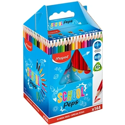 Imagen de Maped Lápices de Grafito Colección School Peps Bote con 144 Lapiceros Madera Toda la Gama Cromática Agarre Ergonómico Minas Resistentes Forma Triangular