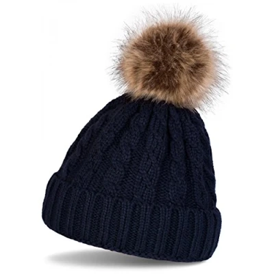Imagen de styleBREAKER Gorro con pompón Motivo Trenzado, de Punto Piel, Beanie Invierno, Unisex 04024064, Color:Azul Medianoche