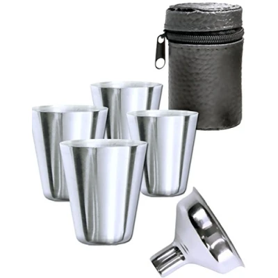Imagen de Outdoor Saxx® Juego de 6 vasos acero inoxidable, 4 chupito 30 ml, con embudo en bolsa piel