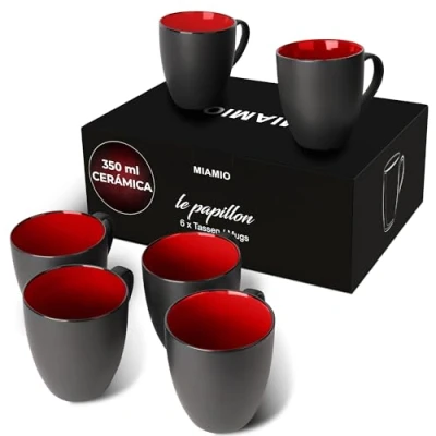 Imagen de MIAMIO 6 x 350 ml Juego de Taza gres para Café/Copa desayuno Le Papillon Colección (Negro Rojo)
