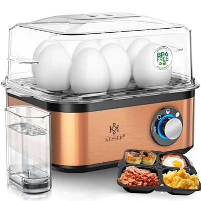 Imagen de KESSER® Cocedor de Huevos para 8 Huevos, Acero Inoxidable 500W y Función Mantener Caliente, Interruptor LED Giratorio, Sin BPA Apto Lavavajillas, Bandeja Tortillas, Negro/Cobre