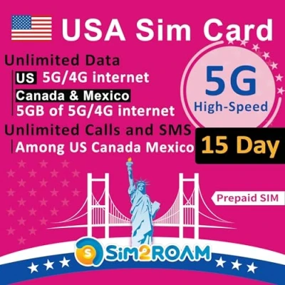 Imagen de Tarjeta SIM prepaga de EE. UU.Datos Internet 5G/4G ilimitados en UU. (Incluido Hawái)+5 GB Datos Canadá y MéxicoLlamadas Textos Entre UU., CA MXRecargable (15 Días)