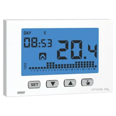 Imagen de VEMER VE725800 Termostato de Ambiente Pared para Calefacción y Aire Acondicionado, Pantalla LCD, Teclado 4 Teclas, Programación Semanal, Alimentación a Pilas, Blanco