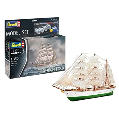 Imagen de Revell Juego de modelo 65432 Gorch Fock escala 1:350 sin construir/sin pintar kit plástico con pegamento profesional Contacta, pincel y pinturas color aguamarina seleccionadas