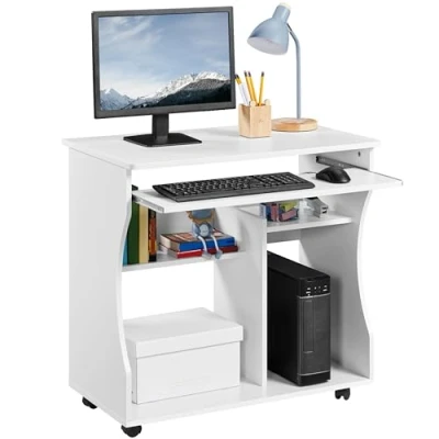 Imagen de Yaheetech Mesa Escritorio con Ruedas de Oficina Bandeja Extraíble 80x48x76 cm Ordenador ​con Cajones para PC Impresora Despacho Estudio Blanco