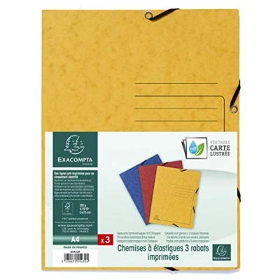 Imagen de Exacompta 55432E Lote de 3 carpetas elásticas con solapas impresión líneas en la cubierta para identificación cartulina lustrada 355gm2 A4, azul, amarillo y rojo