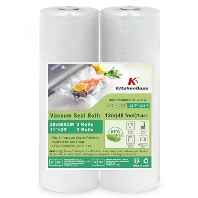 Imagen de KitchenBoss Bolsas Vacio Alimentos：2 Rollos 28x600cm Envasar al Alimentos, Envasadora para La Conservación de Alimentos sin BPA
