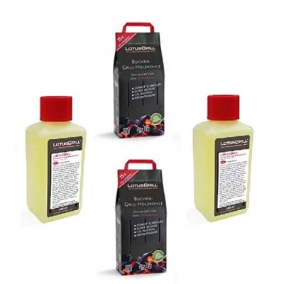 Imagen de LotusGrill 2 sacos de carbón vegetal haya 2,5 kg, incluye unidades pasta combustible 200 ml, ambas desarrolladas para un asado a la parrilla sin humo con