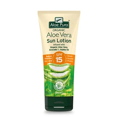Imagen de Loción Solar de Aloe Vera SPF 15 Pura, Natural, Vegana, Libre Crueldad, Sin Parabenos &amp; SLS, Escudo Larga Duración, Protección Media, 200ml