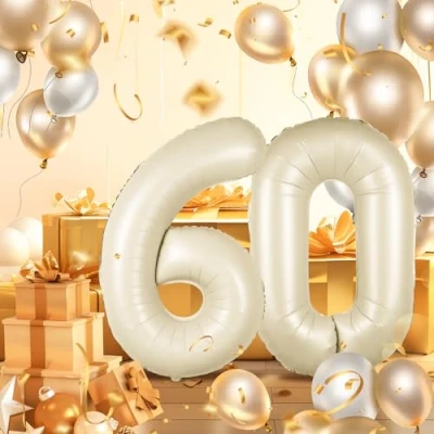 Imagen de Globos de 60 cumpleaños,Beige pulgadas Globo número, decoraciones número cumpleaños para hombre y mujer, inflable lámina Beige