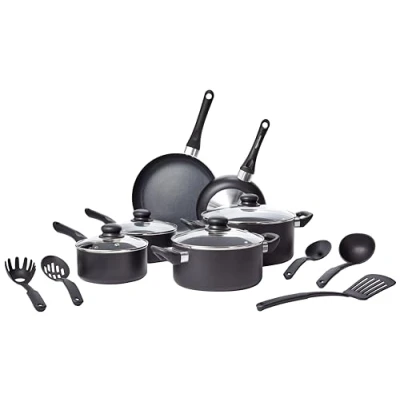 Imagen de Amazon Basics Juego de utensilios cocina antiadherentes, 15 piezas, Negro
