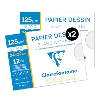 Imagen de Clairefontaine 96154AMZC Lote de 2 fundas dibujo escolar 12 hojas papel blanco con grano A4, 21 x 29,7 cm, 125 g, ideal para las artes plásticas