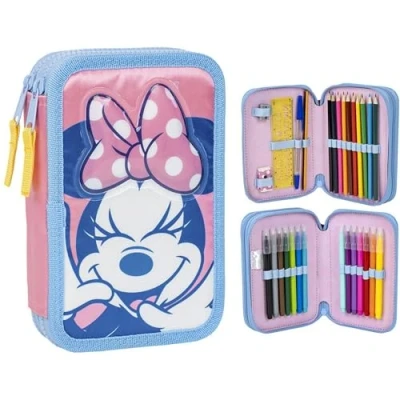 Imagen de Estuche de 3 Compartimentos Minnie Mouse Color Rosa 12,5 x 4,5 19,5 cm Fabricado con Poliéster y PVC Cierre Cremallera Incluye Accesorios Producto Original Diseñado en España