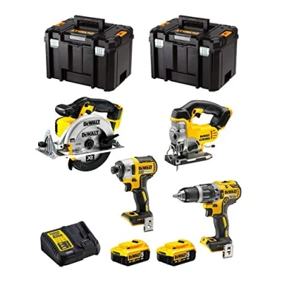 Imagen de DeWALT Kit DWK402 (Taladro Percutor DCD796 + Atornillador de Impacto DCF887 Sierra Calar DCS331 Circular DCS391 2 Baterías 5,0 Ah Cargador x TSTAK VI)