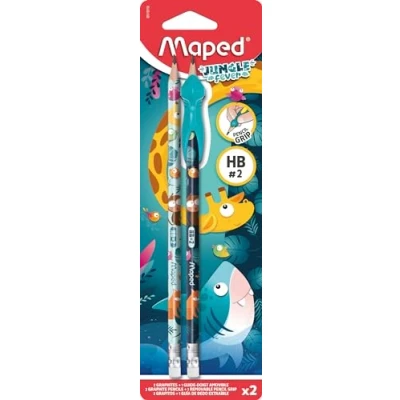 Imagen de Maped Lápiz Grafito HB con Goma Jungle Fever X2 + Guía de Dedos Perfecto para Uso Escolar Material Esencial