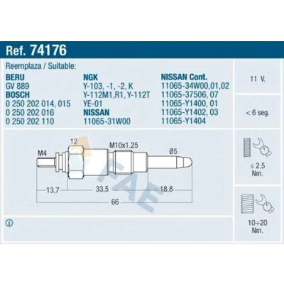 Imagen de FAE 74176 Bujía de precalentamiento 11V M 10x1.25 NISSAN: Patrol Hardtop, 3/1 SUV