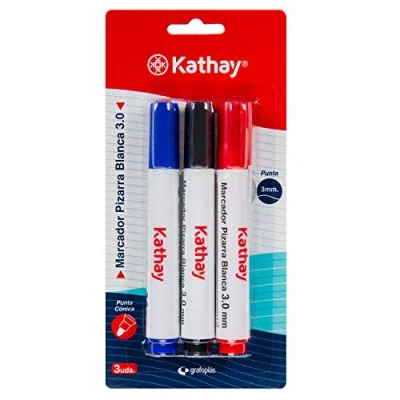 Imagen de Kathay 86211399. Pack de 3 Rotuladores Para Pizarra Blanca, Color Azul, Negro, Rojo, Punta Cónica 3mm