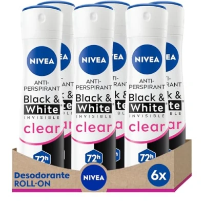 Imagen de NIVEA Black &amp; White Invisible Original Spray en pack de 6 (6 x 200 ml), desodorante antimanchas cuidado femenino, para proteger la piel y ropa