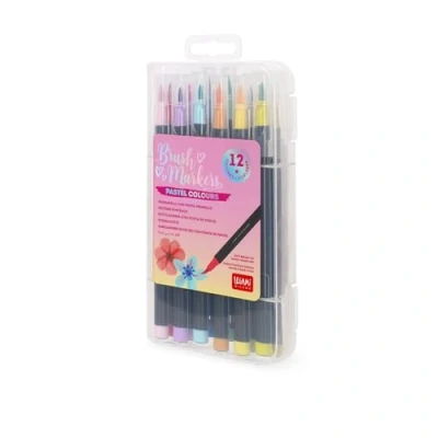 Imagen de Legami Juego de 12 rotuladores con punta pincel Brush Markers, flexible fibra nailon, colores pastel, trazos fluidos y anchos variables, diámetro del rotulador 1 cm