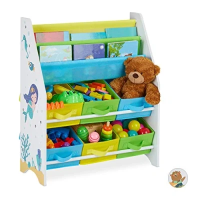 Imagen de Relaxdays Estantería Infantil, 6 Cajas y 2 Baldas Tela, Mueble Juguetes, Librería Sirenas, 74 x 62 31,5 cm, Multicolor, Hierro