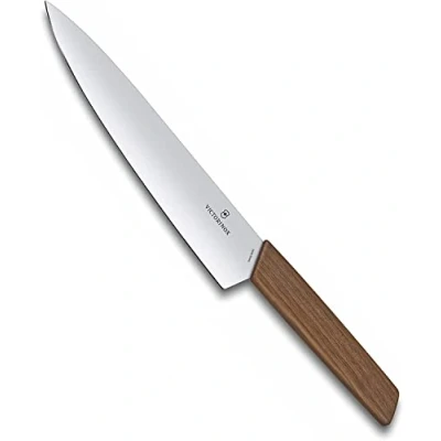 Imagen de Victorinox Swiss Modern, Cuchillo profesional para trinchar, Hoja extra afilada, afilado recto, 20 cm, Elegante mango de madera, Acero inoxidable, Marrón