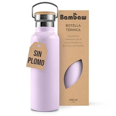 Imagen de Bambaw Botella térmica 1 litro, agua violeta, acero inoxidable metal, gimnasio, Cantimplora 1l Lila lavanda