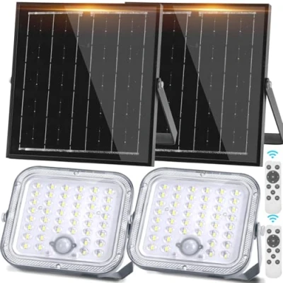 Imagen de Aigostar Foco LED solar exterior con gran panel solar,2 piezas,Súper Luminoso,4000mAH,Batería capacidad,Impermeable IP66 Luz Solar,lampara detección de movimiento para jardín,6500K