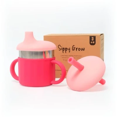 Imagen de vaso de aprendizaje 3 en 1 Acero inoxidable. Boquilla anti derrame, pajita silicona y abierto. Diseño Evolutivo. Libre BPA, no tóxico, fácil limpiar. (Pink Power)